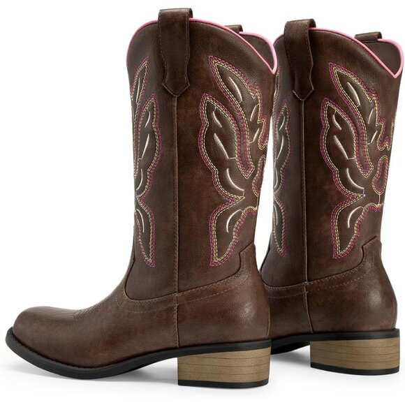 Women's Pink Brown Mid Calf Square Toe Comfortable Pull On Heel Embroidery - Picture 4 of 6